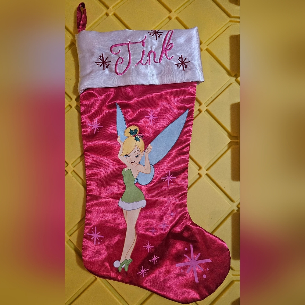 Disney Tinkerbell Holiday Stocking | Pink | Embroidered “Tink” & Snowflakes